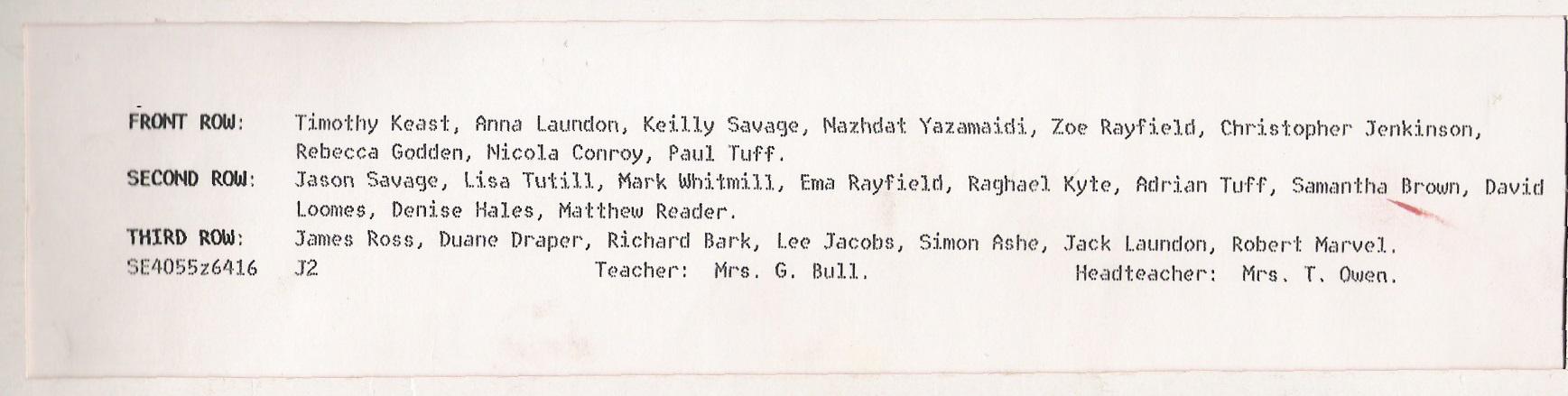 1988 - Bredhurst School Class J2 - List of Names